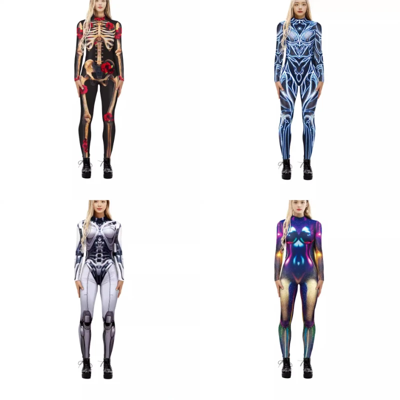 

Women new Skeletal Streetwear Bodysuit 3D Bone Contour Print Gothic Game Character Costume for Halloween Comic Events