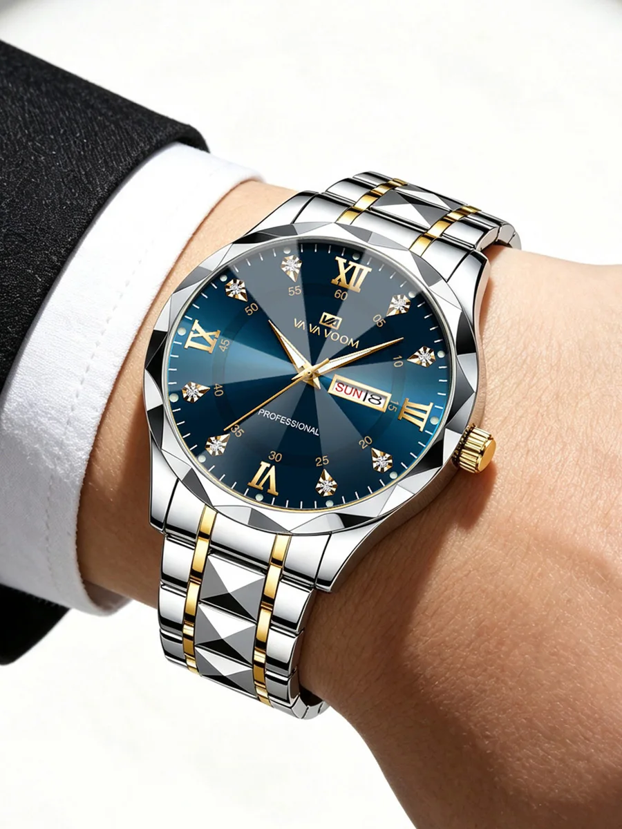VA VA VOOM 1 Set Herrenuhren Lokaler Versand Luxus-Stil 41mm Blaues Zifferblatt Strass-Zifferblatt Kalender & Wochenanzeige Quarzwerk Herrenuhr Edelstahl Farbverlauf Goldarmband Business-Uhr für
