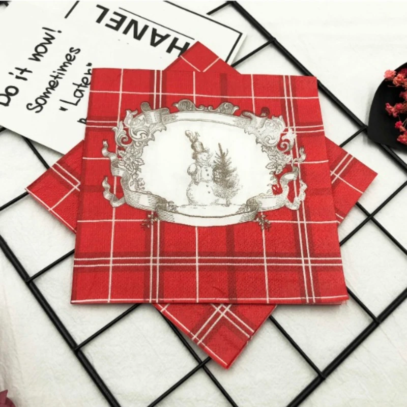 ColorfulPrinted Napkins Christmas Plaid Cartoon Snowman Christmas Festival Party Tissue Paper Wine Glass Folding Paper wholesale