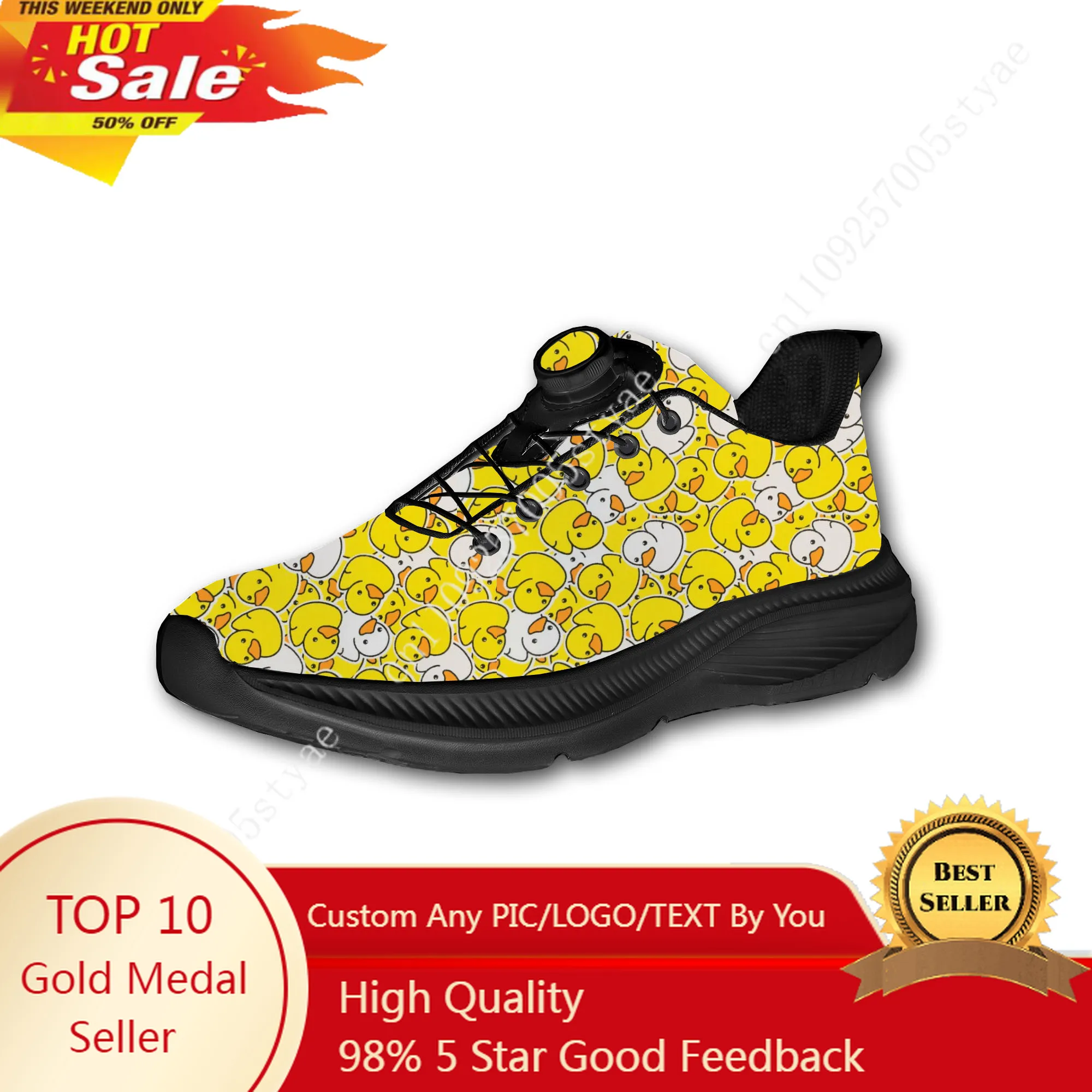 

Yellow Duck Printed Pattern Men Women Running Off-road Shoes Laceless Rotating Button Sports Shoe Hiking Leisure Custom Sneaker