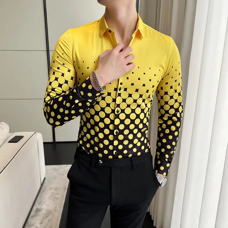 

2022 Summer Polka Dot Print Shirts Men Long Sleeve Slim Casual Shirt Men Clothing Streetwear Business Social Party Tuxedo Blouse