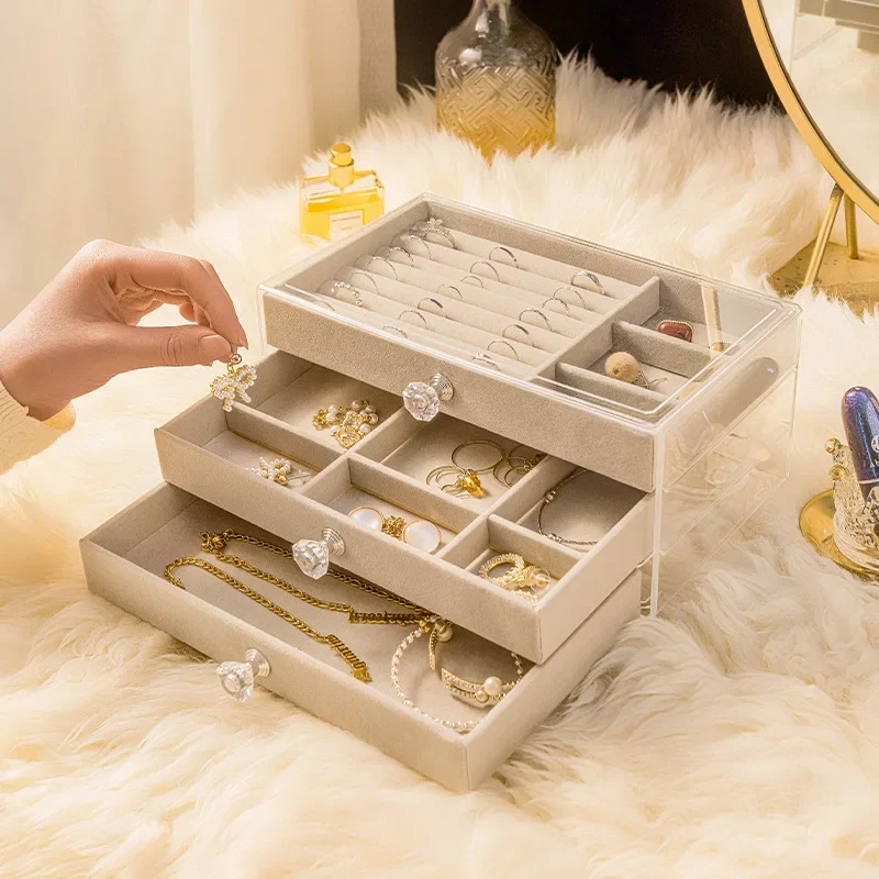 

Transparent Jewelry Organizer Box Display Case Three Layer Earrings Nacklace Plastic Organizing Boxes Velvet Jewelry Tray 2023