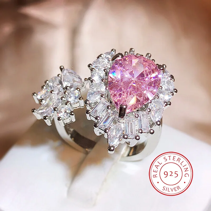 Gorgeous Pink White Drop Gemstone Ring Classic Design Premium Sense Full Diamond Zircon 925 Silver Ring Fashion Women's Jewelry