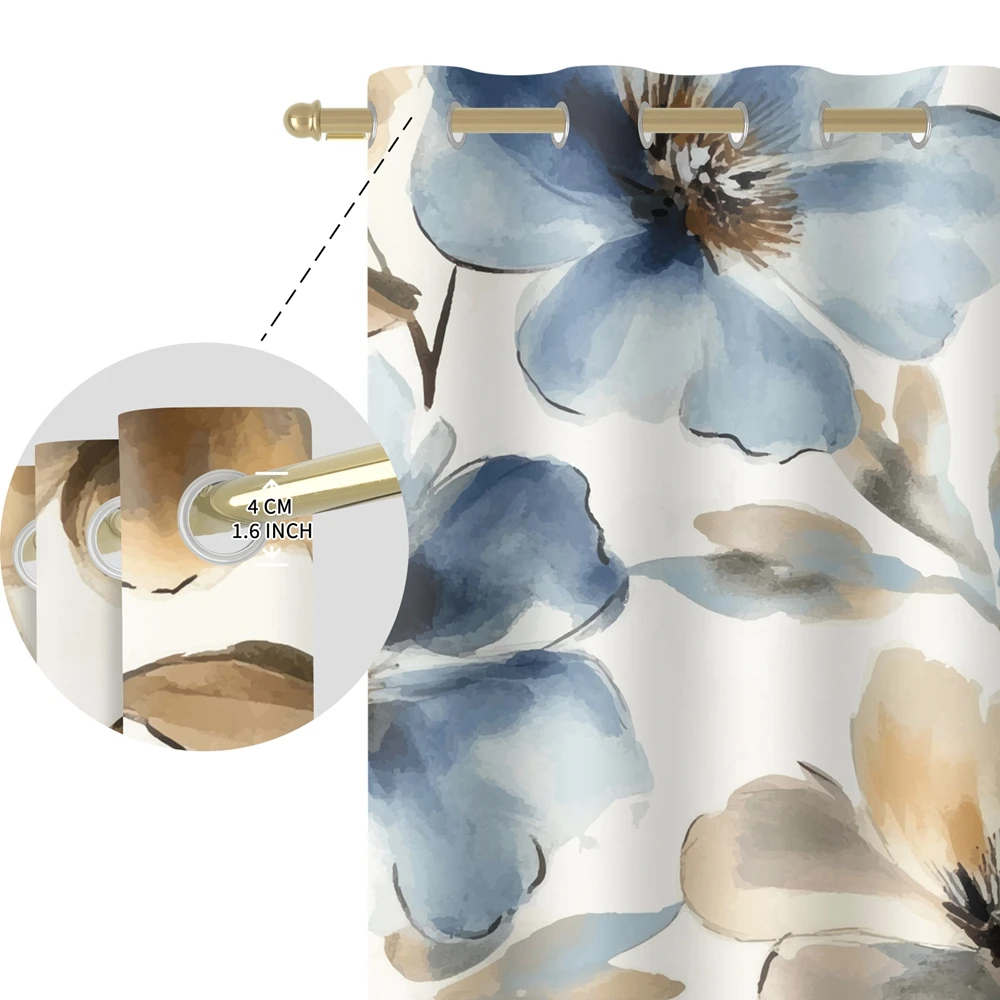 Boho Blue Brown Floral Blackout Curtain 2 Panels, Watercolor Print Grommet Drapes Thermal Insulated Light Blocking for Bedroom