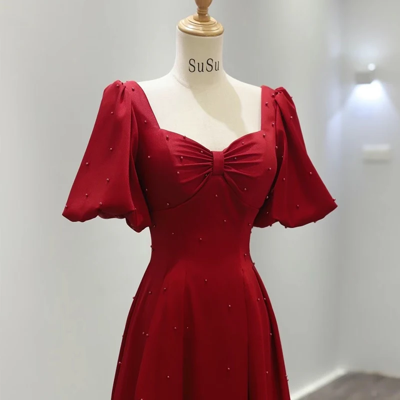 

Red Wedding Dress Women's Long Evening Gown Korean Style Short Sleeve V-Neck Crystal Embellished Floor-Length Summer Dress