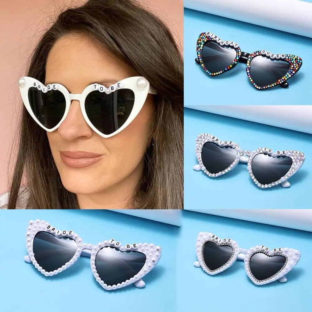 Heart-shaped Frame Pearl Decoration Sunglasses English Letters Sun-Protective Black Shades Glasses Bride Eyewear Colorful