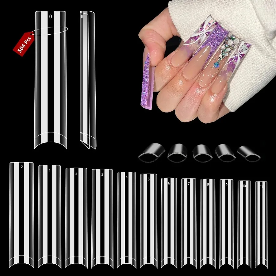 واضح مربع مسمار نصائح 504 قطعة 3XL طويل لا C منحنى مسمار نصائح نصف غطاء شقة مدبب مربع مستقيم هلام الاكريليك الأظافر كاذبة تلميح