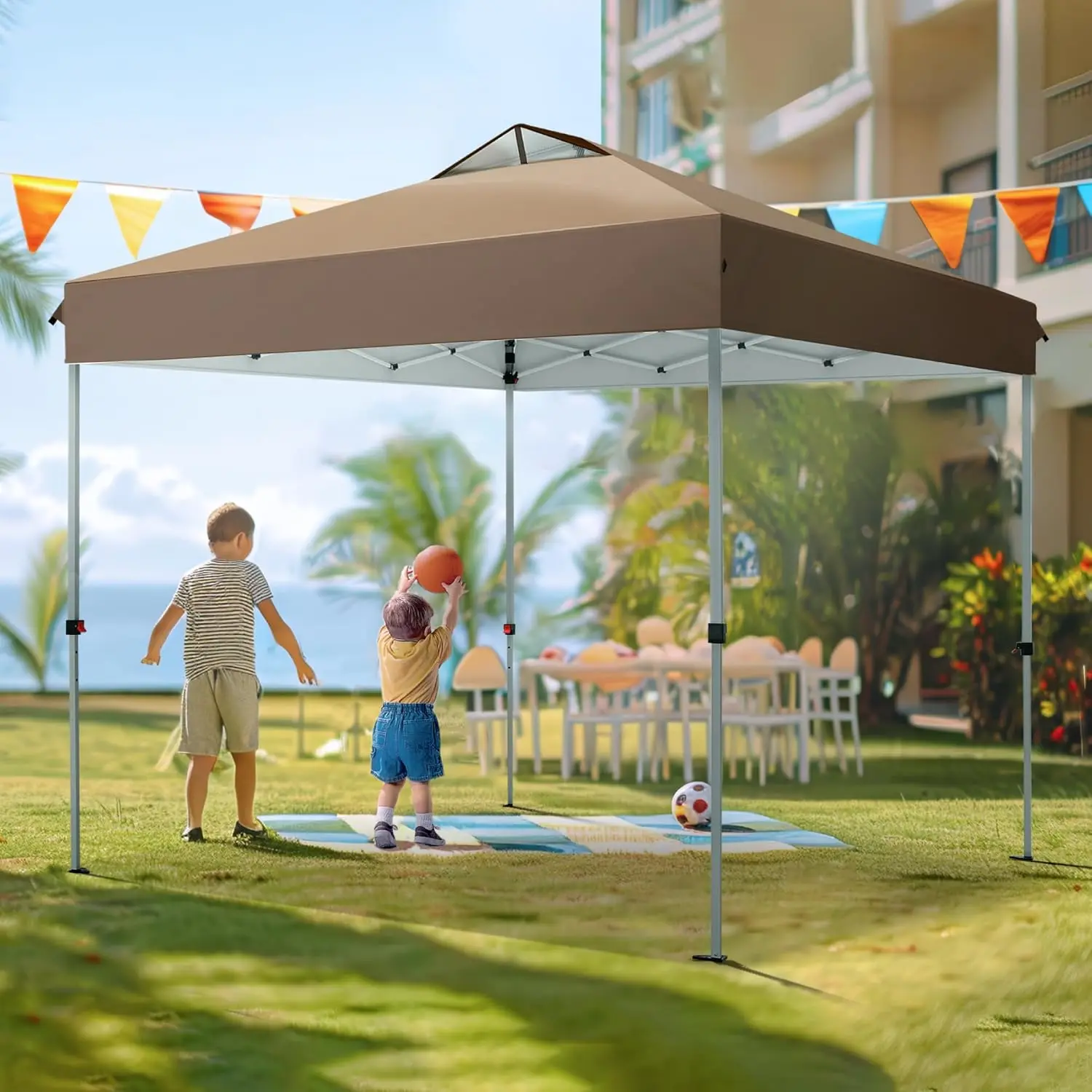 Pop Up Canopy 10 10 Tents For Parties With Wheeled Bag, Portable Lightweight Folding W/Adjustable Height,Dark & Light Brown