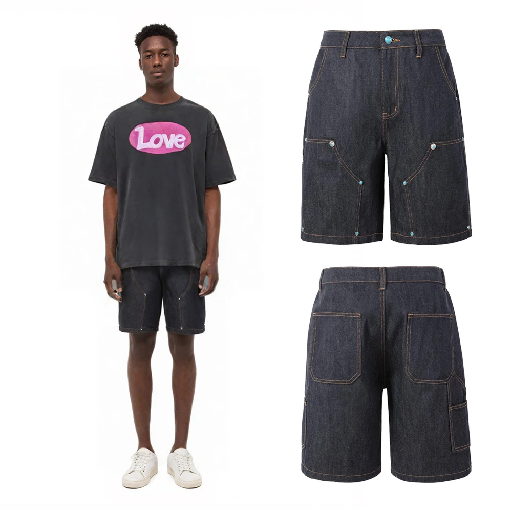 

New Summer Men's Clothing Shorts Denim Jeans Hip-hop Turquoise Buttons Streetwear Street Style Casual Retro Jeans Shorts for Men