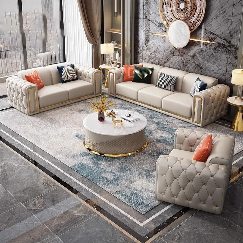 Pull-up leather sofa simple European living room sofa large villa high-end luxury straight row combination