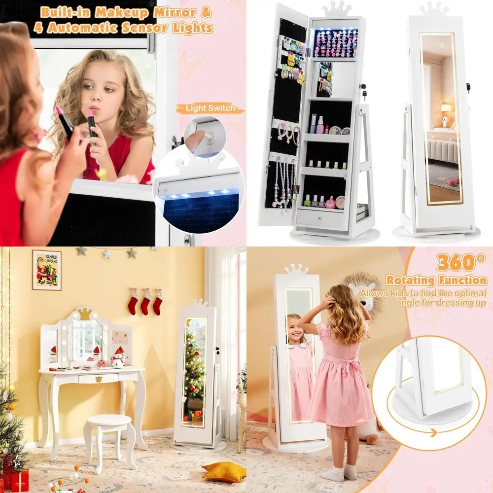 

White Swivel Jewelry Cabinet with LED Lights, Full-Length Mirror, and Makeup Mirror, Lockable Storage for Toddler Girls
