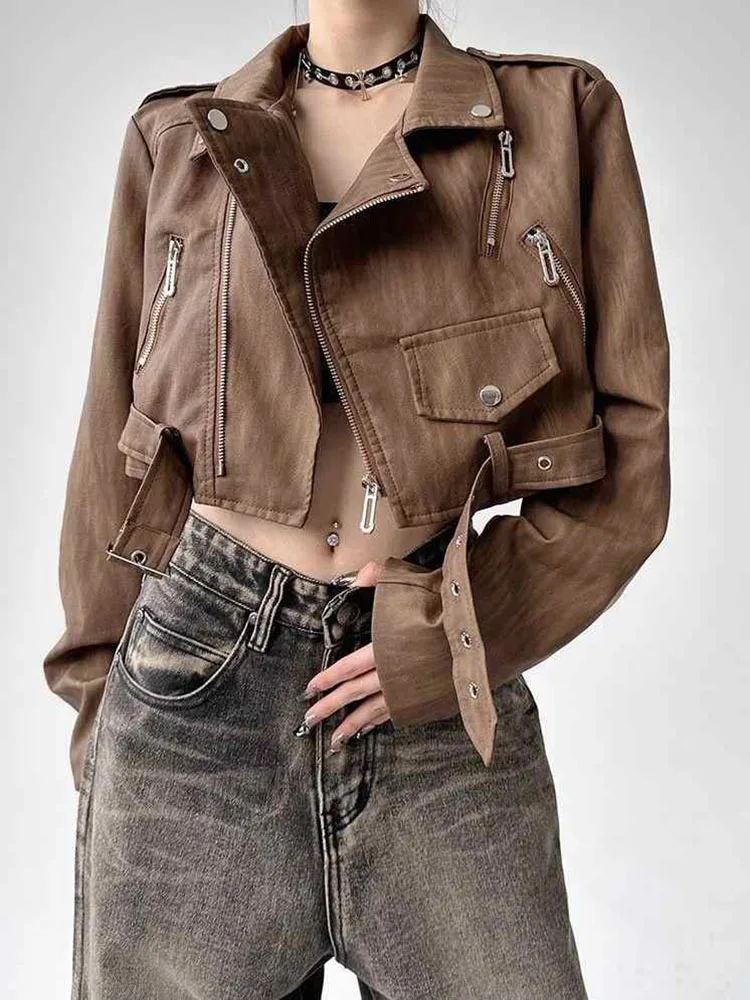 Vintage Coffee Motorcycle Leather Jacket Women's Autumn New Fashion Loose Turn Down Collar Short PU Coats Versatile Streetwear