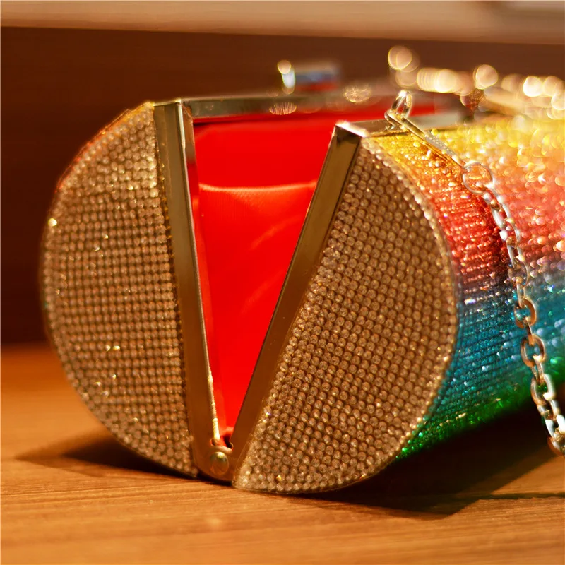 Rainbow Rhinestone Purse Evening Bags for Women Luxury Party Handbag for Wedding Clutch Bag Diamond Cylinder Shoulder Bag