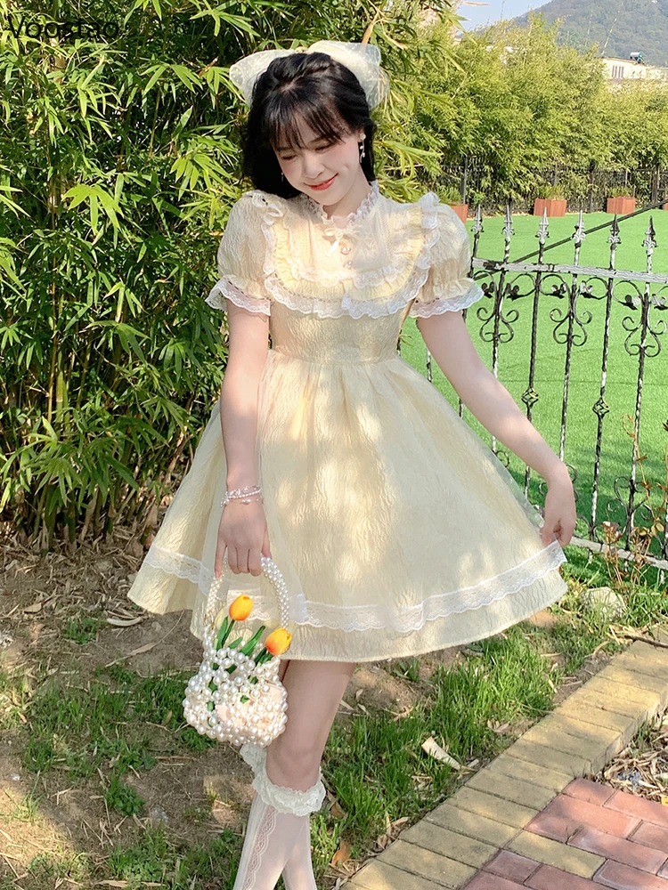 Summer Sweet Lolita Style Princess Dress Women Elegant Chic Puff Sleeve Lace Ruffles Kawaii Mini Dresses Korean Girly Vestidos