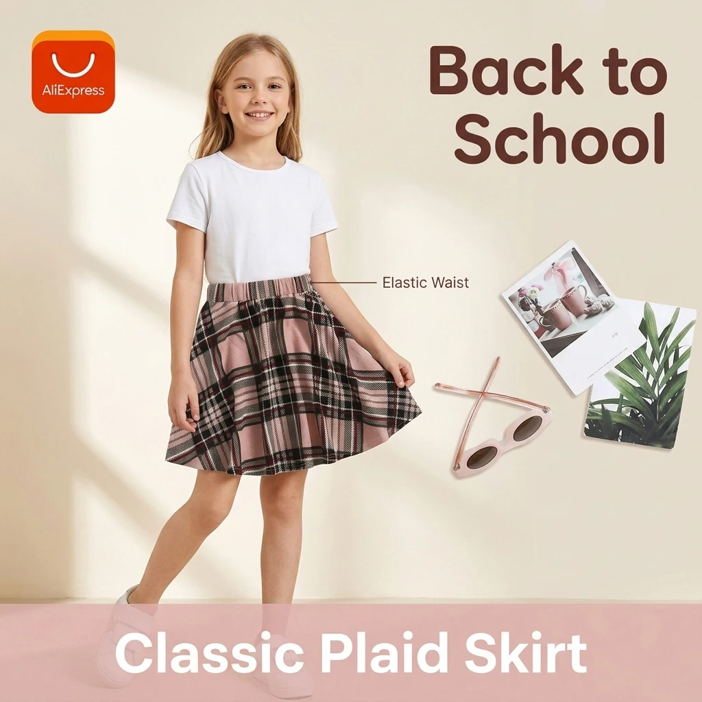 Girls Stylish Plaid Elastic Waist Flared Skater Skirt, for Back to School Daily Casual Play Weekend Wear Kids Breathable