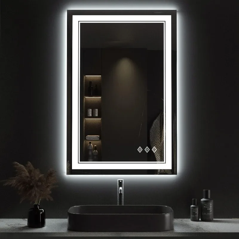 LED Mirror for Bathroom, 24x36 Inch Gradient Front and Backlight LED Bathroom Mirror, 3 Colors Dimmable CRI 90 Double Lights,