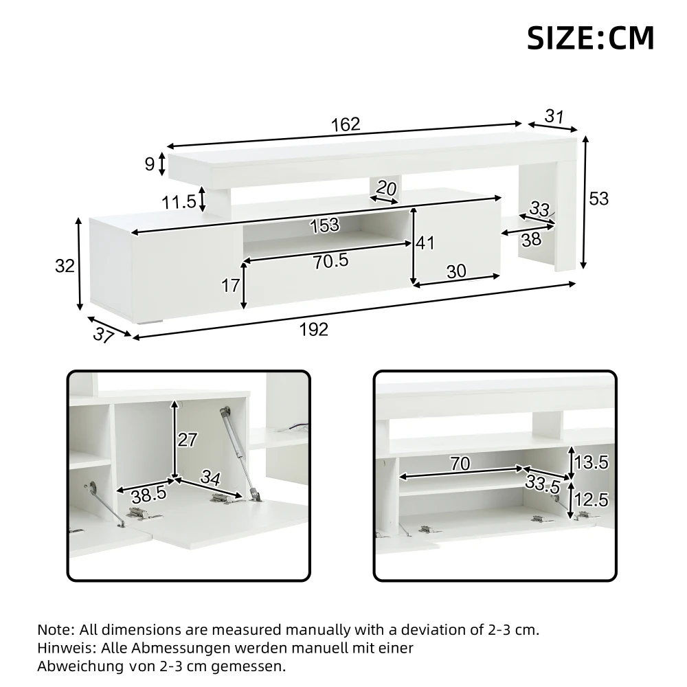 192 * 37 * 53 cm moderner Wohnzimmer-TV-Schrank mit 3 Schränken, TV-Ständer mit LED, Hochglanz-Lowboard, Kommode für 85-Zoll-Fernseher – Detail 11
