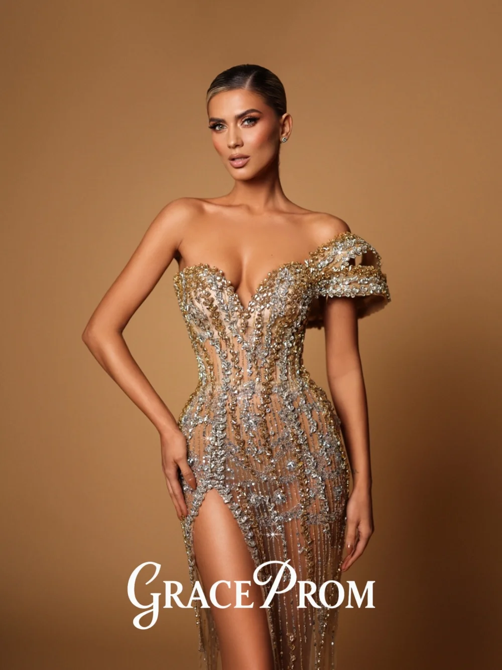 

GraceProm Fantastic One-Shoulder Evening Dress 2026 Sequin-Drip Carpet Gown Refined A-Line Floor-Length Party Gown فساتين