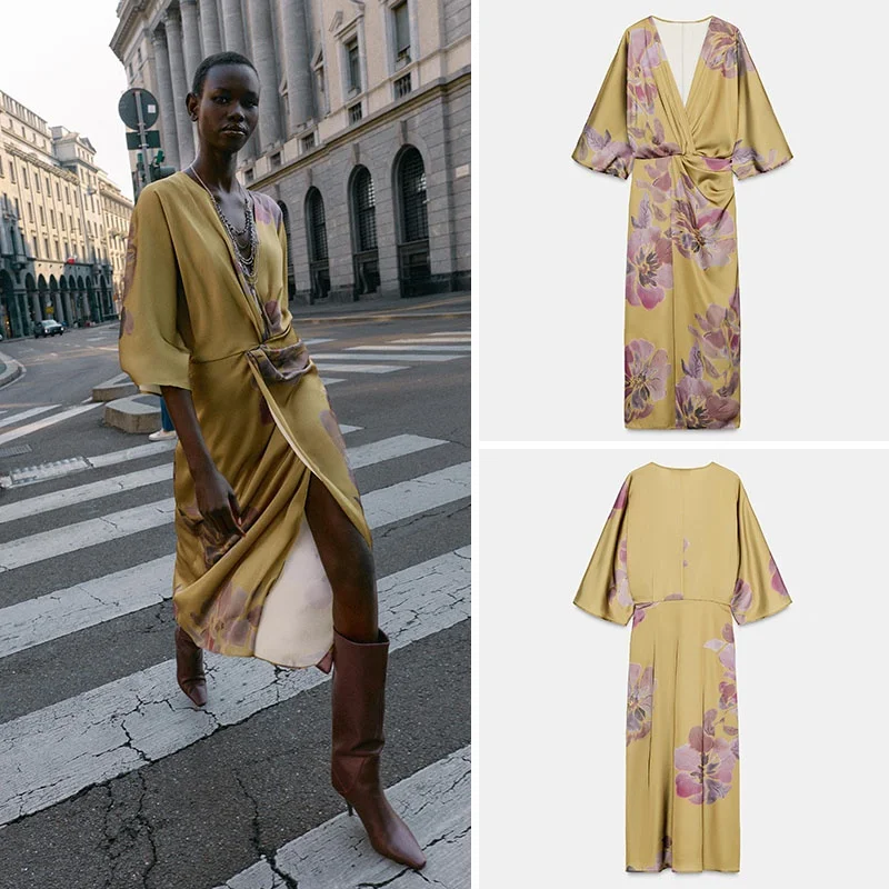 

Deep V-ne Printed Silk Satin Midi Dr Women's Faion Autumn New Arrival Ele Draped Gown for Ladies in Their 20s-30s