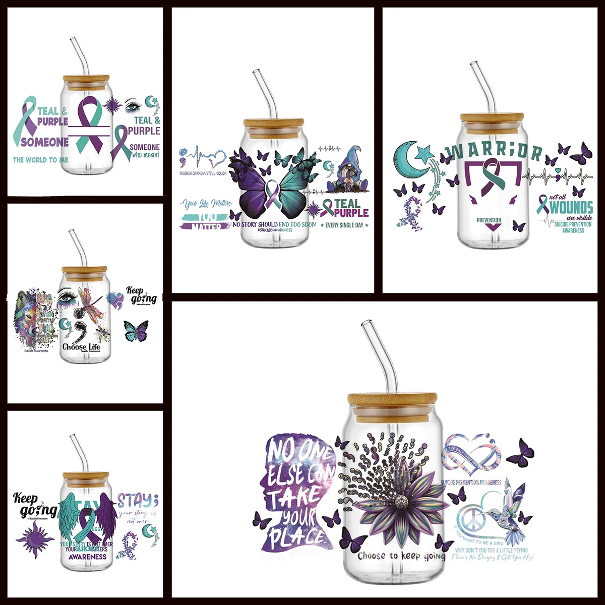 Warrior Awareness Ribbon Purple Butterfly Moon UV DTF Cup Wrap 16oz Libbey Glass Can Self Adhesive Transfer Sticker Waterproof