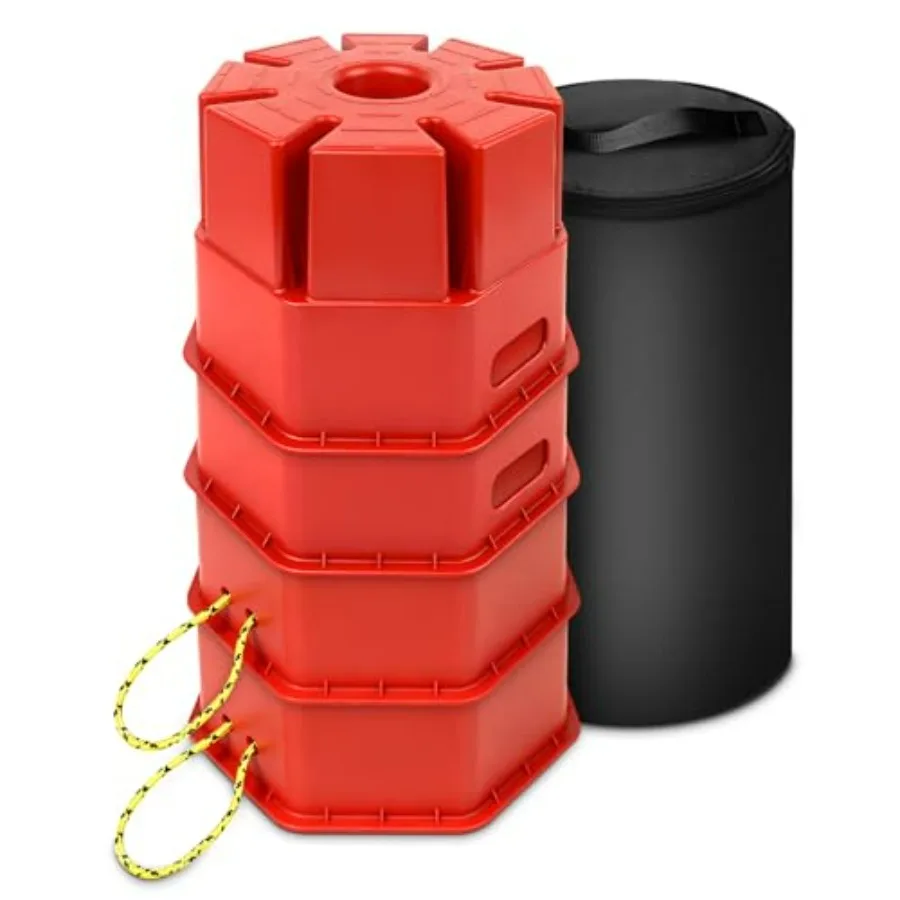 8H Trailer Jack Block 4 Pack with Bag Rope Heavy Duty RV Stabilizer Blocks for Any Tongue Jack Post Foot 5th Wheels Round Squar