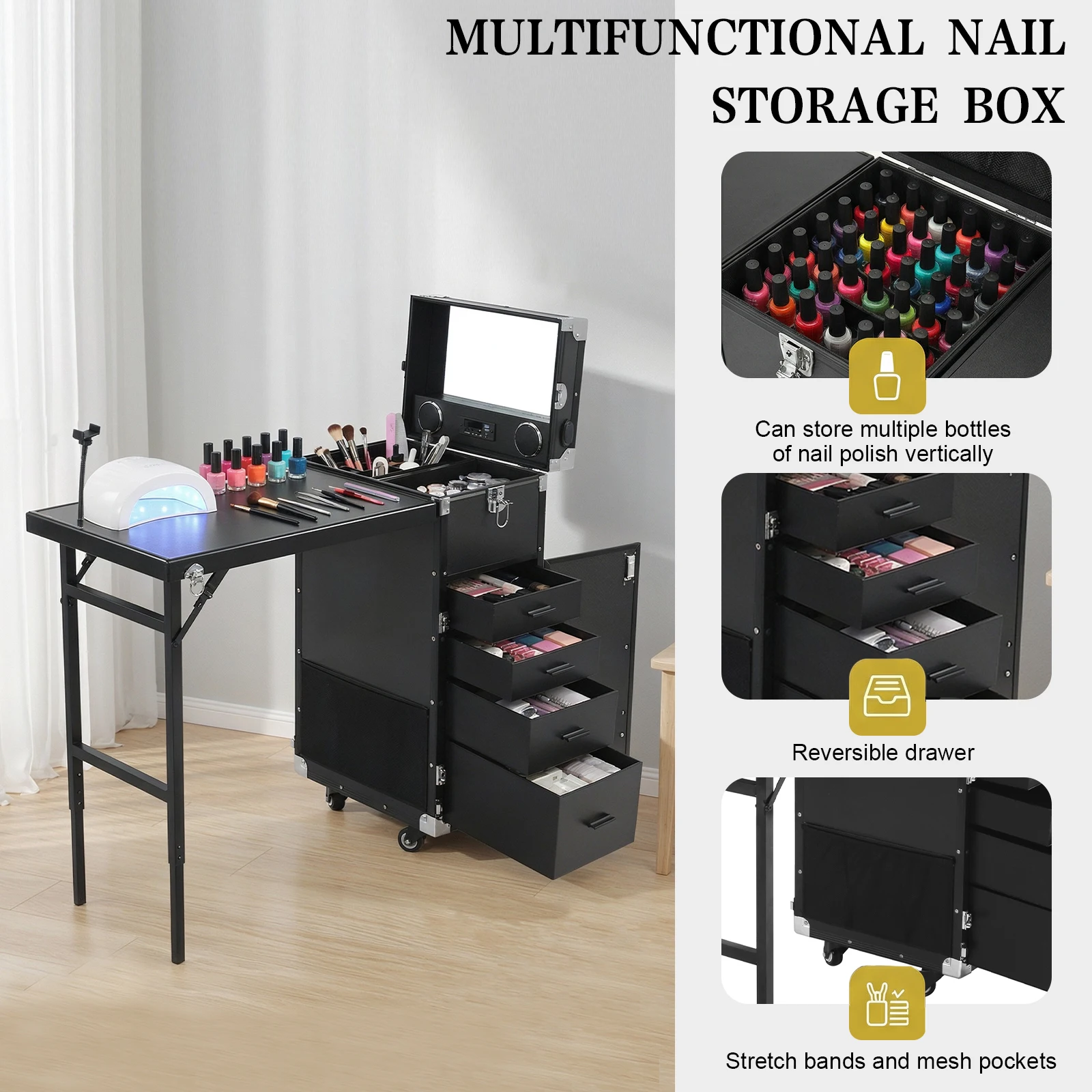

Складной передвижной маникюрный стол на колесиках с ящиками, большой вместимости, для мобильных мастеров маникюра и использования в салонах