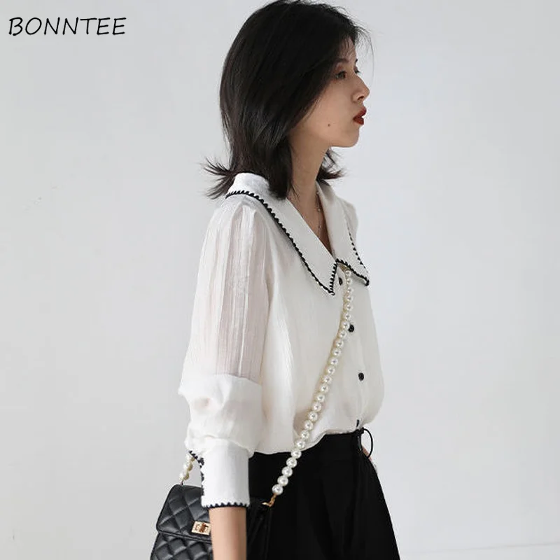 

Elegant Shirts Women All-match Retro French Tender Simple Femme Cozy Casual Students Spring Autumn Clothes Turn Down Collar Chic