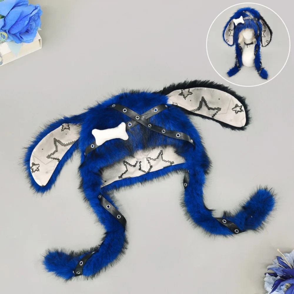 Creative Gift Y2K Streetwear Bunny Ear Hat Punk Style Faux Fur Hat Adjustable Snaps Gothic Style Hat