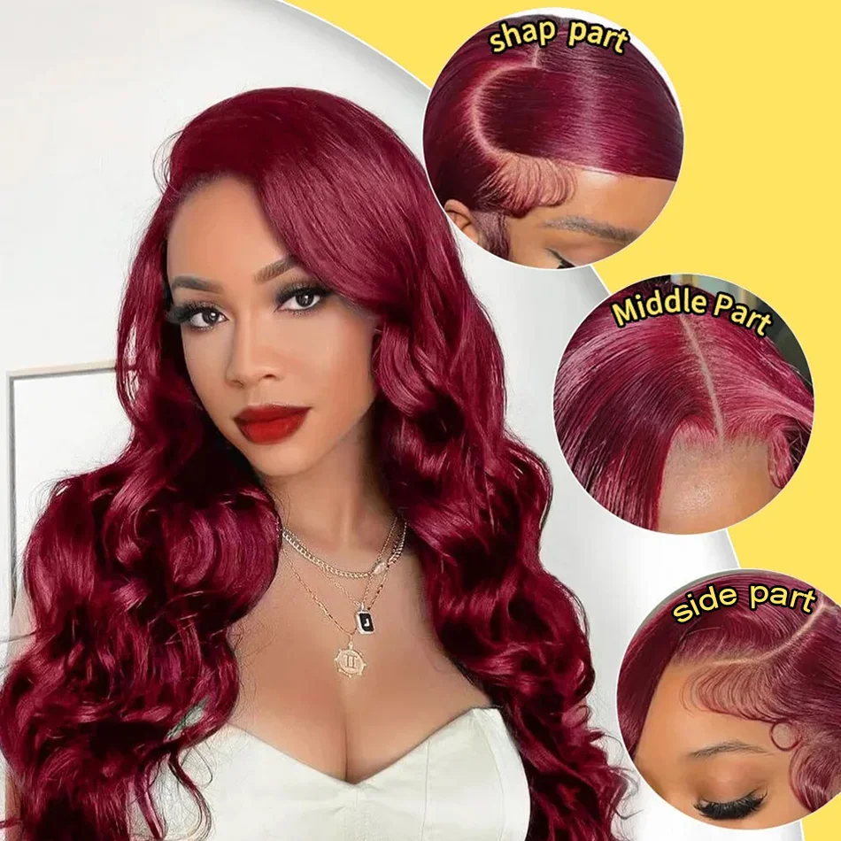 13x6 HD Transparent Body Wave 99j burgundy Lace Frontal Human Hair Wig 30 40 Inch 13x4 Lace Front Wig PrePlucked For Women