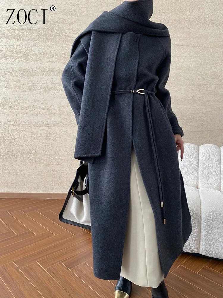 

ZOCI With Scarf Women's Double-face Woolen Coats Collarless Solid Color Female Fashion Long Coat Office Lady Old Money Aesthetic