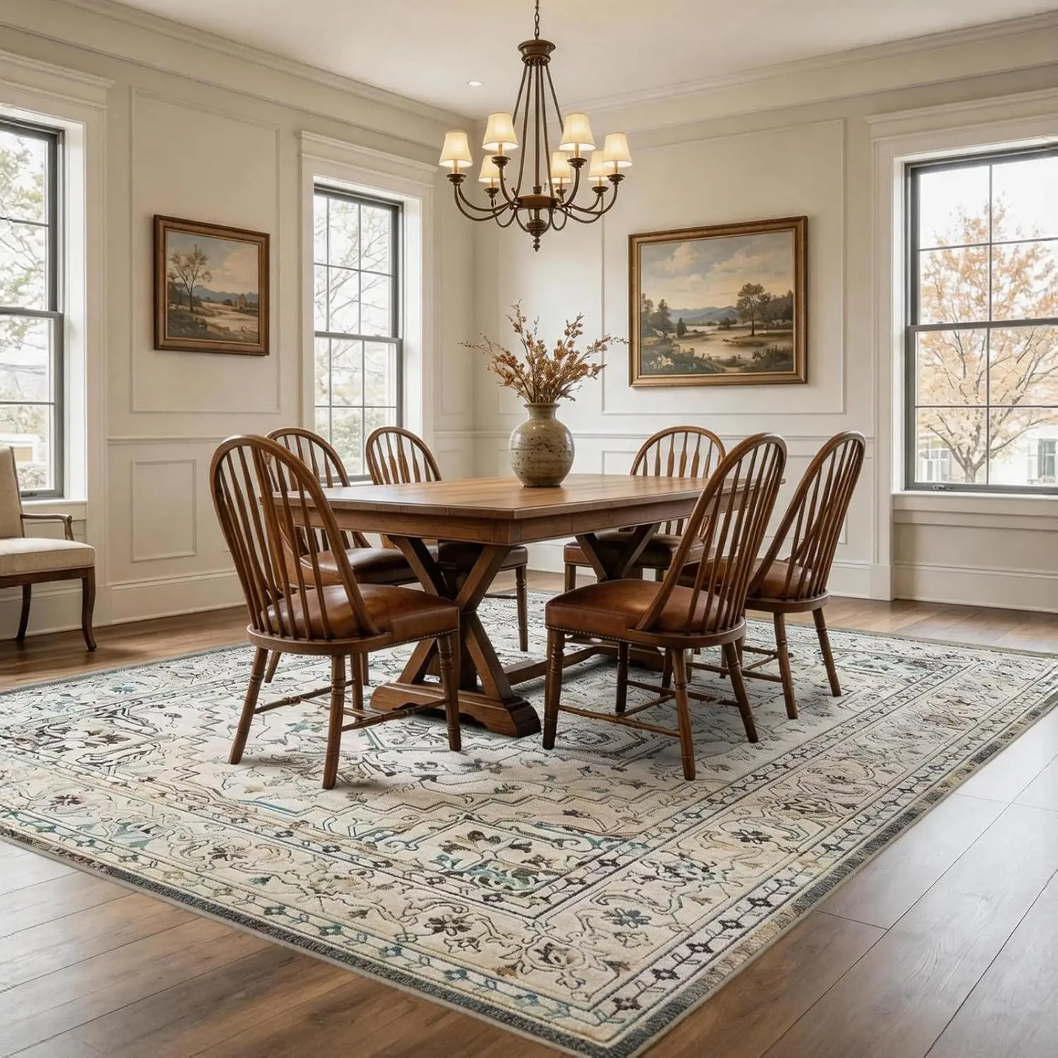 Large 10x12 Farmhouse Persian Area Rug Cream Blue Washable Low Pile Carpet for Living Room Dining Room Home Decor