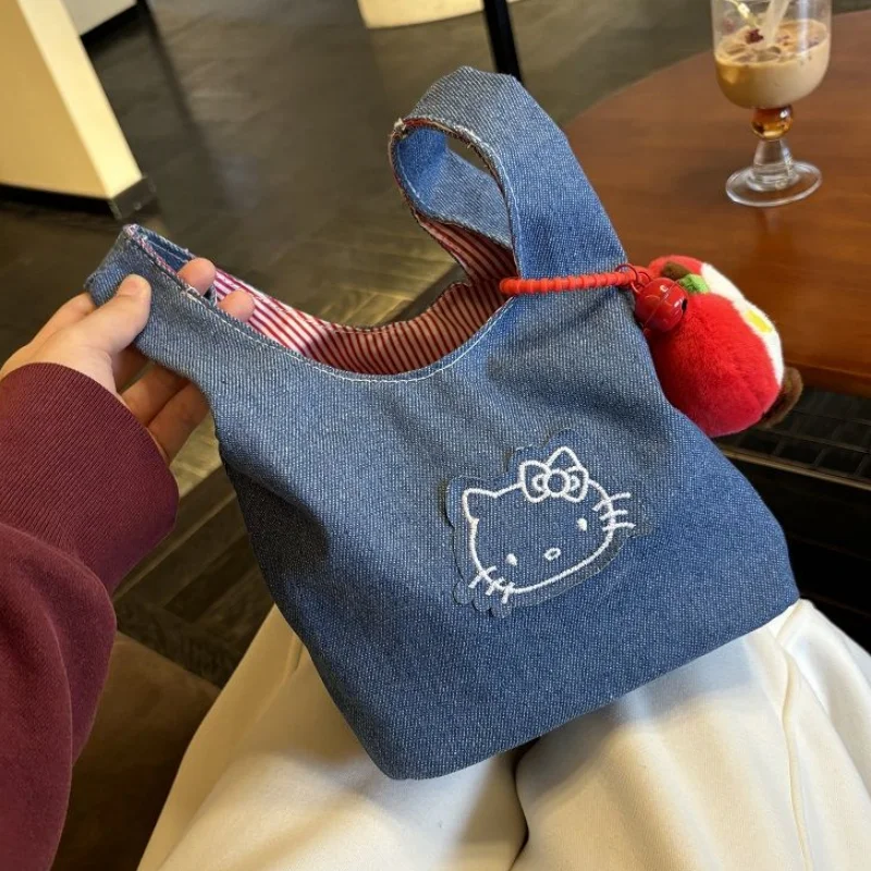 

Сумочка Kawaii Sanrio Hello Kitty, милая джинсовая холщовая серия, сумка для хранения на открытом воздухе для девочек, праздничный подарок для девочек с героями мультфильмов аниме
