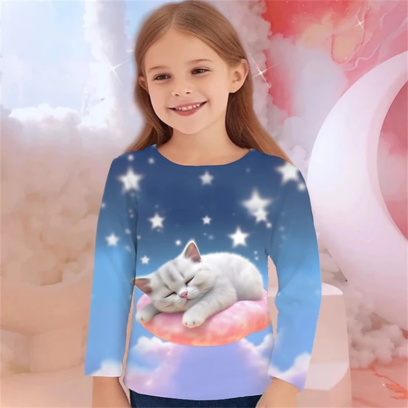 Gilrs 3d Graphic Cute Cat T Shirt Tee Long Sleeve Animel 3d Print Outdoor Clothes For Children Kids Tops Women Casual T-Shirts