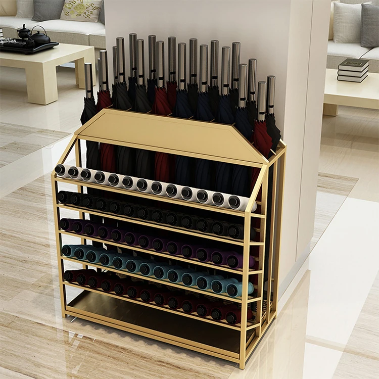 Modern School Hotel Custom Size Indoor Gold Metal Movable Eco-friendly Two-sided Capacity Umbrella Stand Commercial Storage Rack