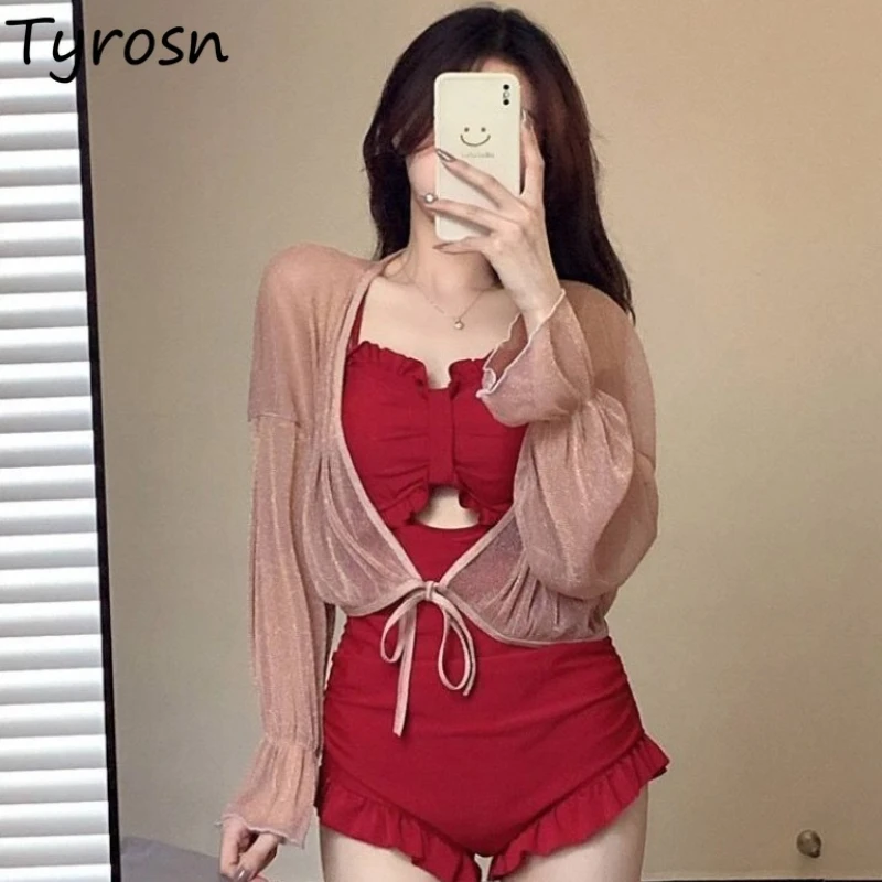 Bikinis Sets Women Pleated Solid Hollow Out Ruffles Sexy Korean Trendy Beach Style Sleeveless Swimsuits Temperament Hot Girls