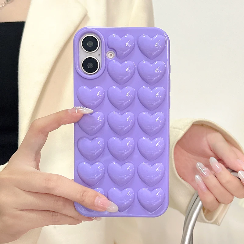 Purple 3D Heart Glossy Silicone TPU Phone Case For iPhone 16 15 14 13 12 11 Pro Max 15 Plus Shockproof Back Cover Funda