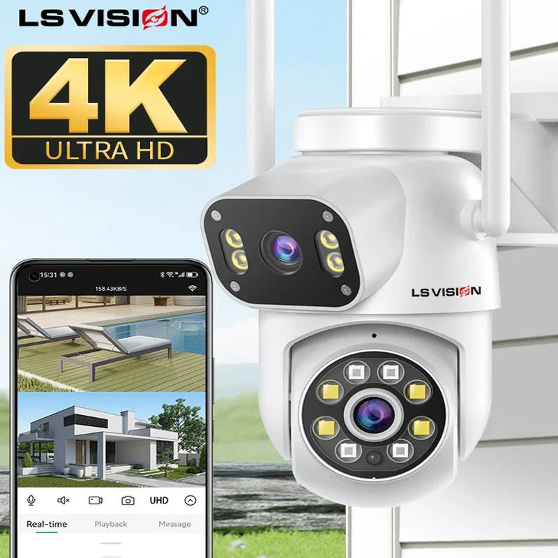 

LS VISION 8MP PTZ Wi-Fi IP-камера Наружное видеонаблюдение с автоматическим отслеживанием 2 объектива 2 экрана Система домашней безопасности ICSEE