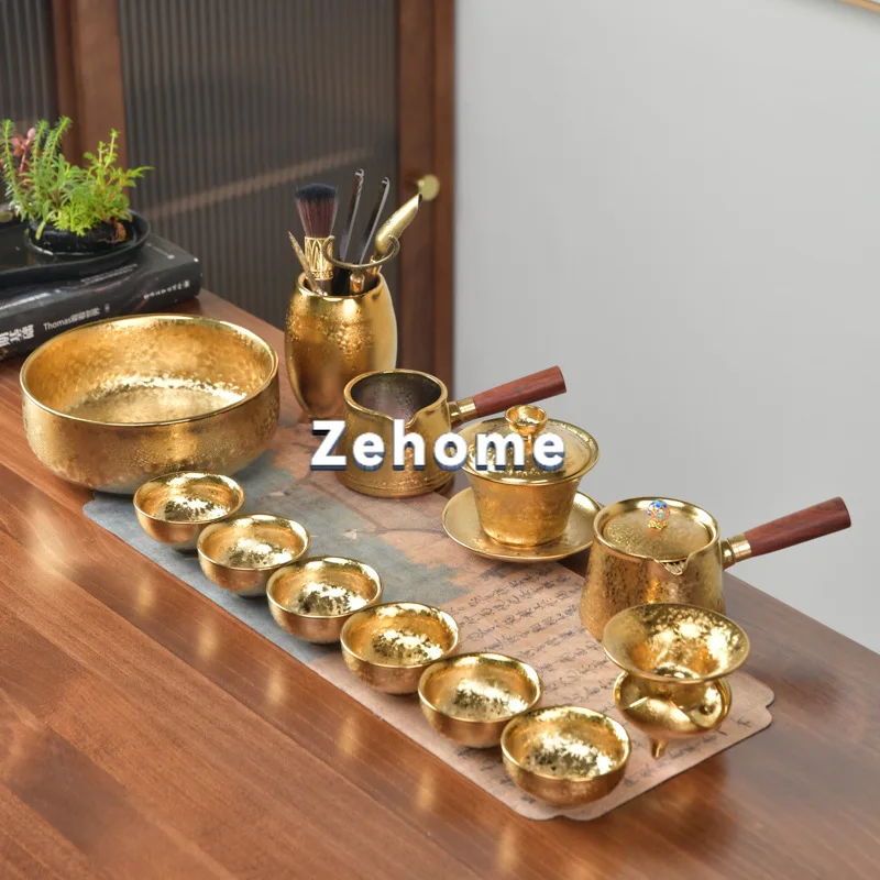 Kiln-transformed gilt ceramic complete Kung Fu tea set set Tianmu teacup brewing teapot for office and home use