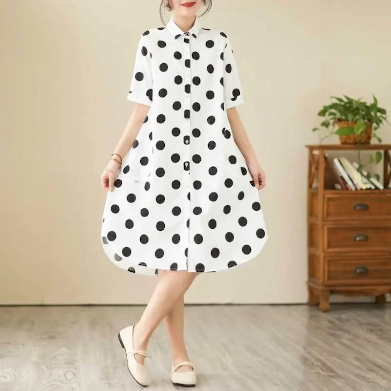 Abito camicia a pois Donna Stile coreano Abiti larghi slim oversize Moda casual Abito a maniche corte di media lunghezza Tendenza estiva