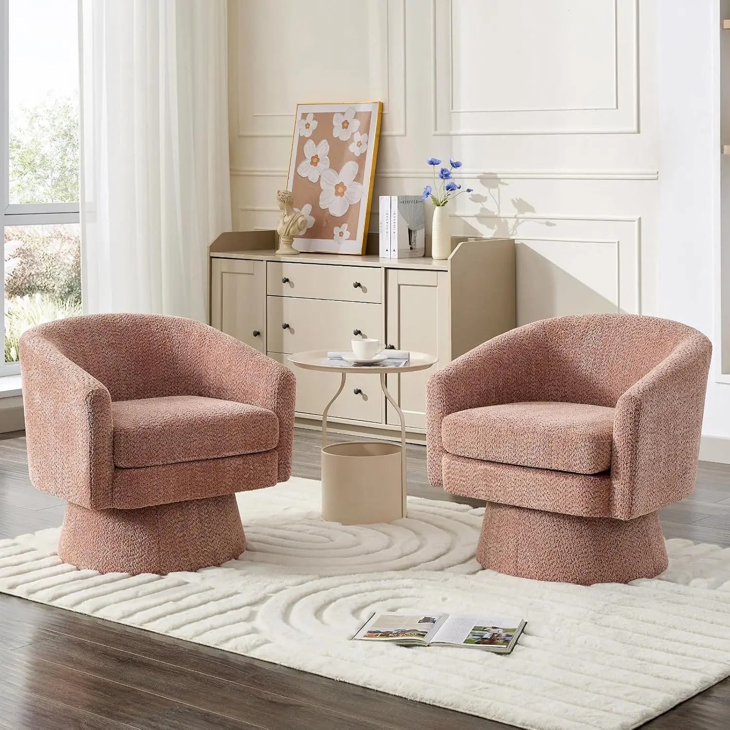 360° Swivel Accent Reading Chair - Chenille Lounge Single Sofa with Storage, Modern Club Armchair for Living Room, Bedroom & Office(Pink)