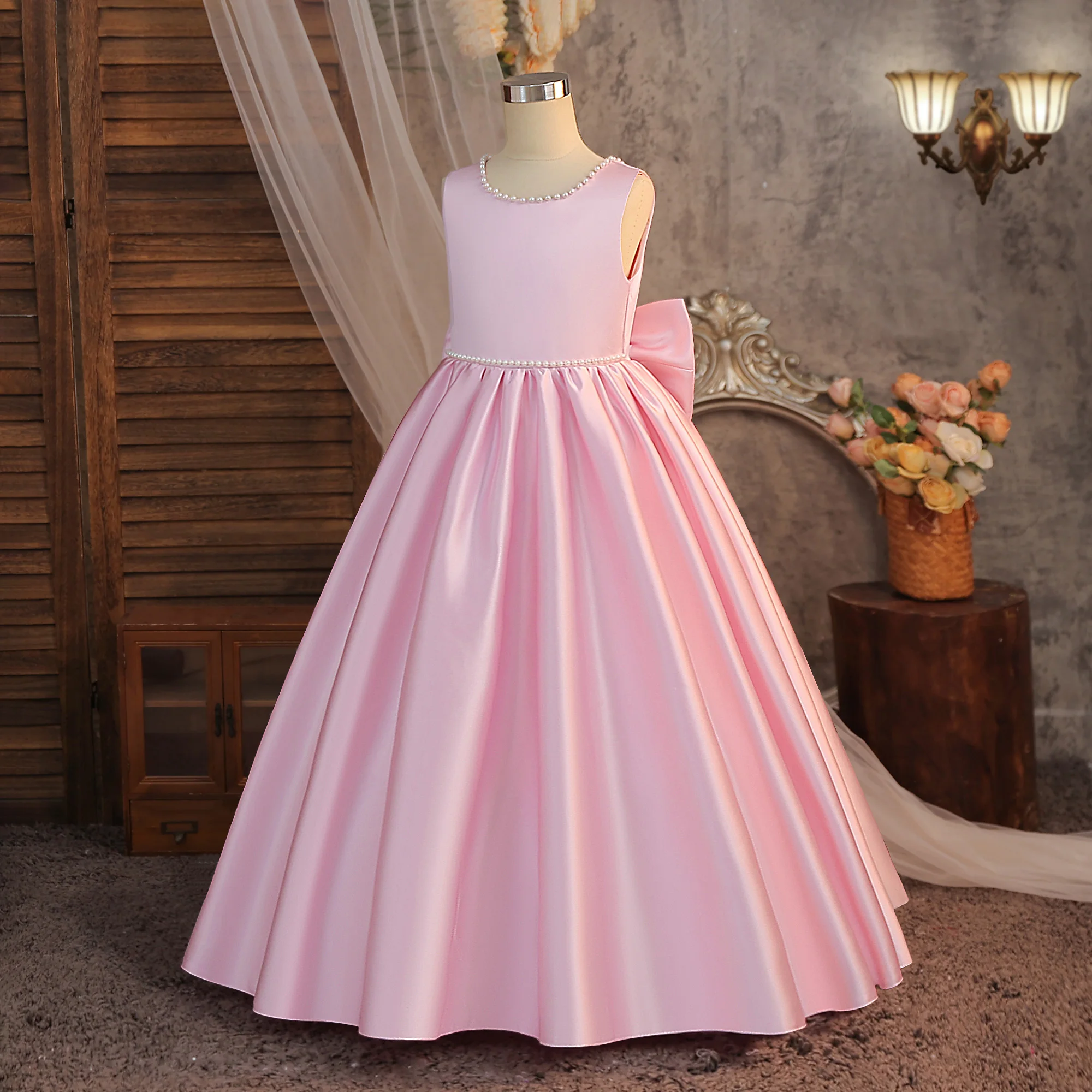 Satin Brautjungfernkleid für Partys, Weihnachtskostüm, Schleife, Taufe, Hochzeit, Prinzessinnen-Ballkleid, Mädchen-Gala- und Neujahrs-Abendkleid – Detail 8