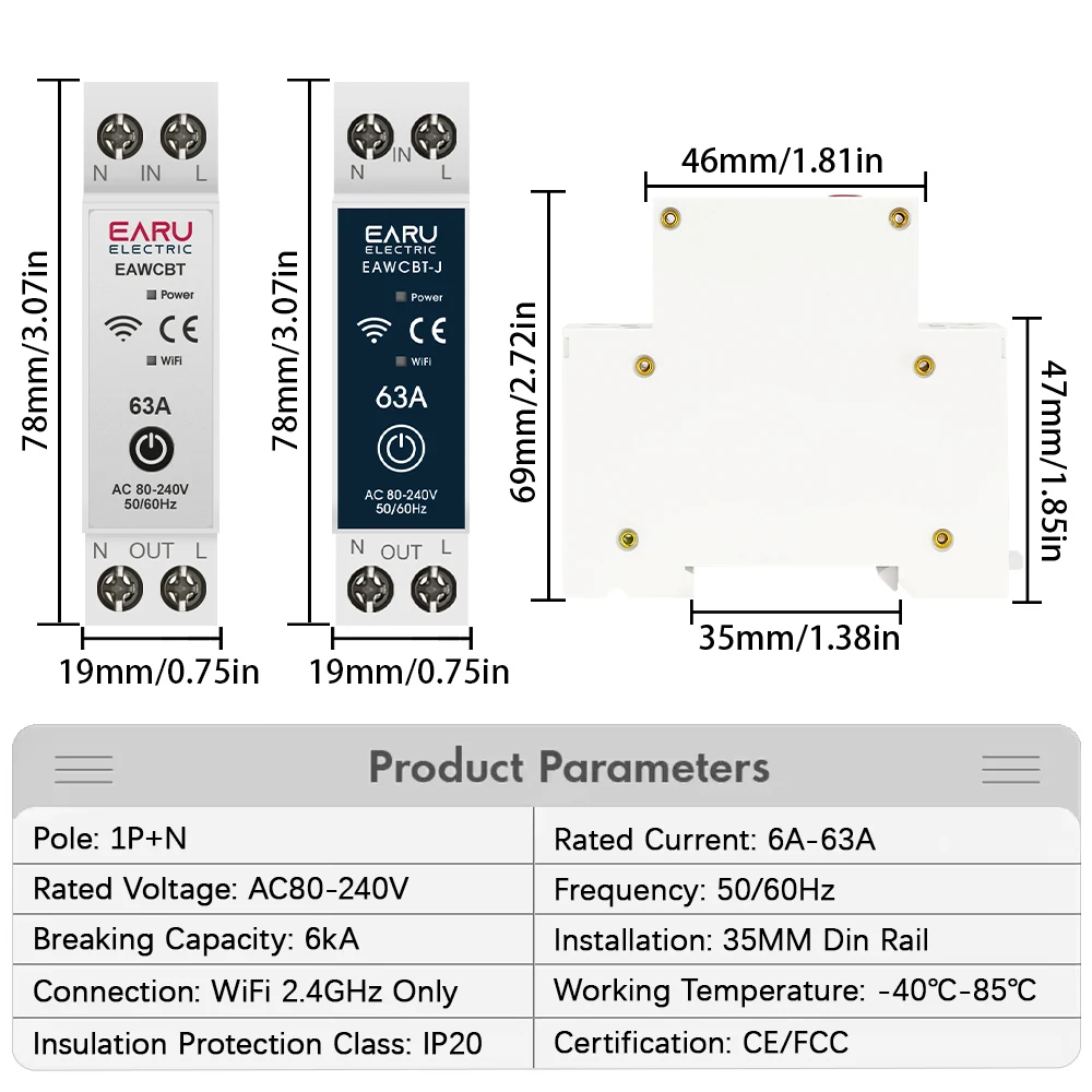 Tuya WiFi Slimme Stroomonderbreker MCB 1P + N 63A Timer Power Energy kWh Spanningsstroommeter Protector Voice Afstandsbediening Schakelaar