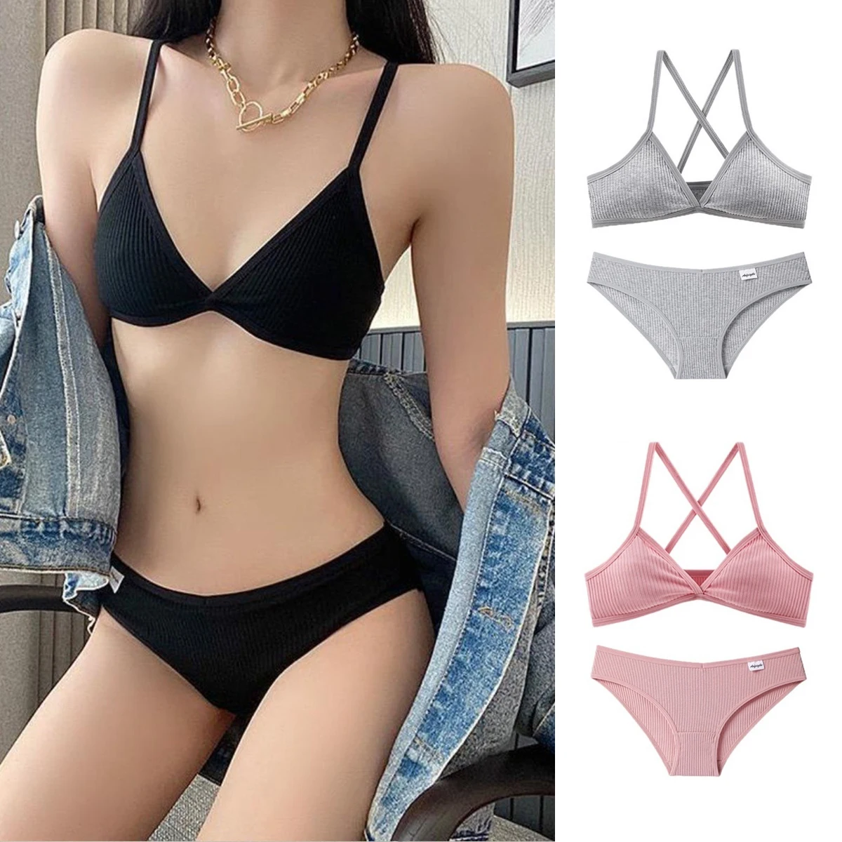 

Sexy Bra Panties Women Lingerie Unpadded Bra Sexy Deep V Triangle Cup Cross Back Cotton Sports Set Panties