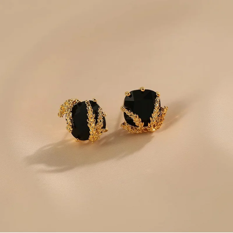 Black square artificial zirconia earrings, suitable for ladies to wear. Golden-toned wheat shape earrings, of a luxurious style,