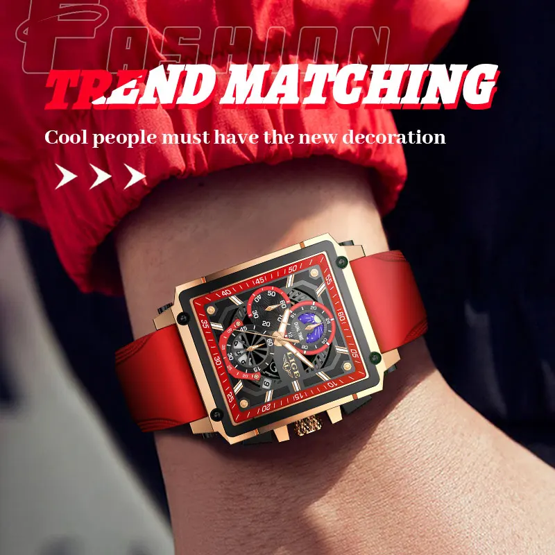LIGE New Military Watch For Men Fashion Business Red Silicone Quartz Men Watch Top Brand Luxury Waterproof Sports Chronograph