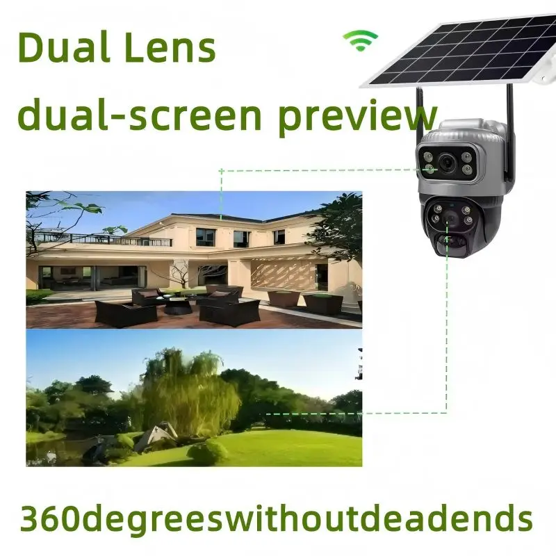 V380 Gun Ball WiFi Camera, Solar Low Power, Dual Lens Dual Screen 360 degree Full Color HD, Wireless Smart Home Outdoor Camera