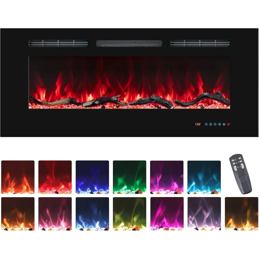 48'' Electric Fireplaces Inserts, Recessed & Wall-Mounted Fireplace Heater with Thermostat, Multicolor Flames