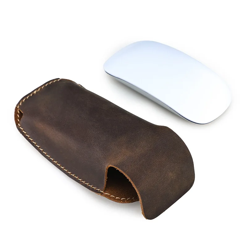 Vintage Crazy Horse Leather Mouse Cover Handcrafted Flip-Top Magic Mouse Protector Shock-Resistant
