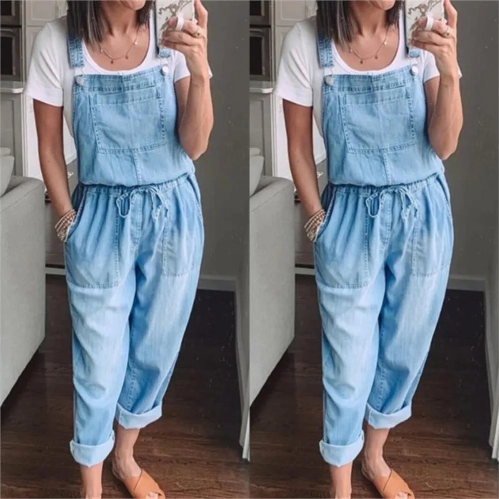 Frühling Sommer Kordel zug Denim Overalls Damen einfach lässig mit stilvollen Tasche schlanke schlanke Füße Jeans hose weiblich 2024