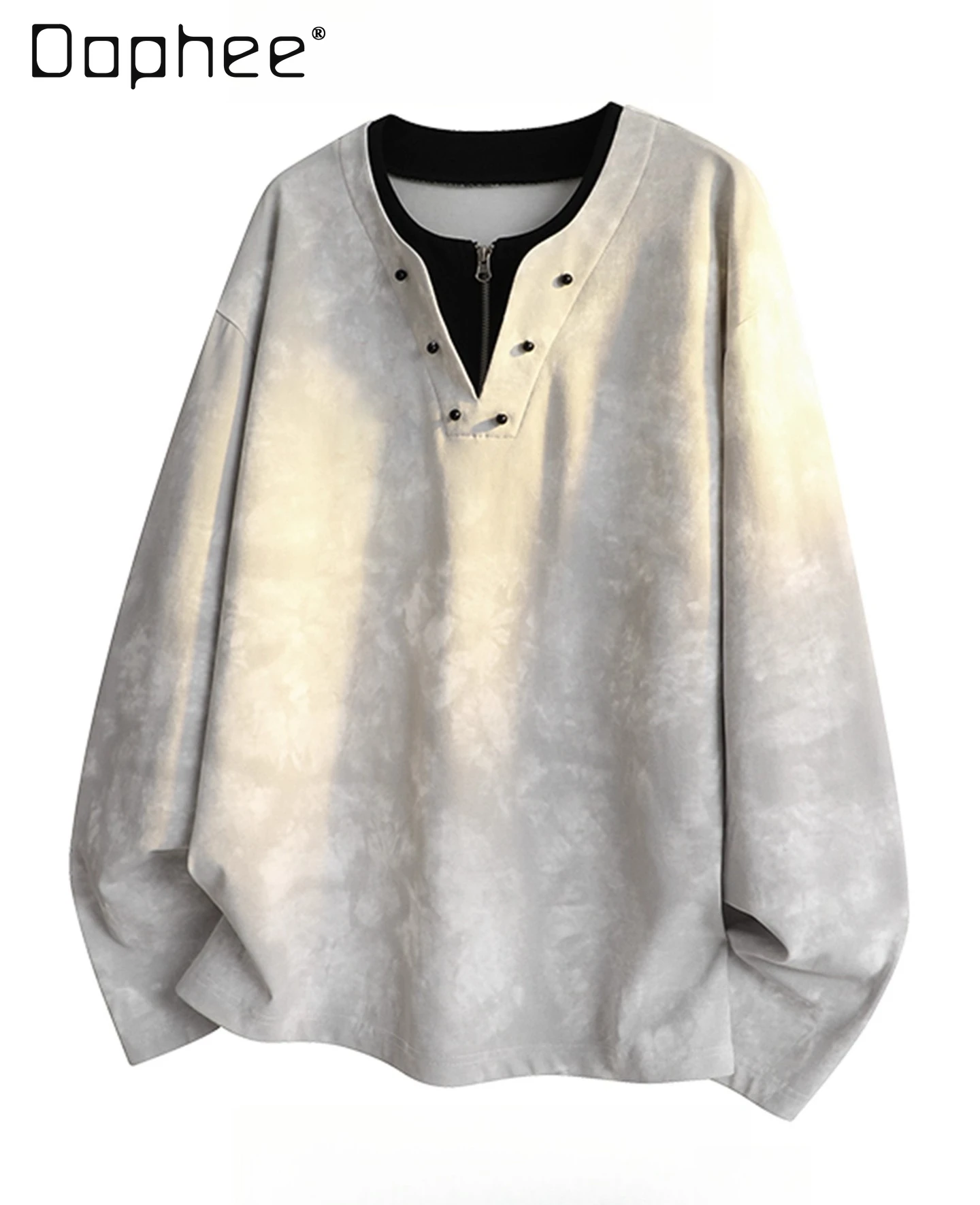 

2025 Spring and Autumn New American Street Style White Tie-Dye Men's Sweatshirt Casual Versatile Loose Long Sleeve Gray Pullover